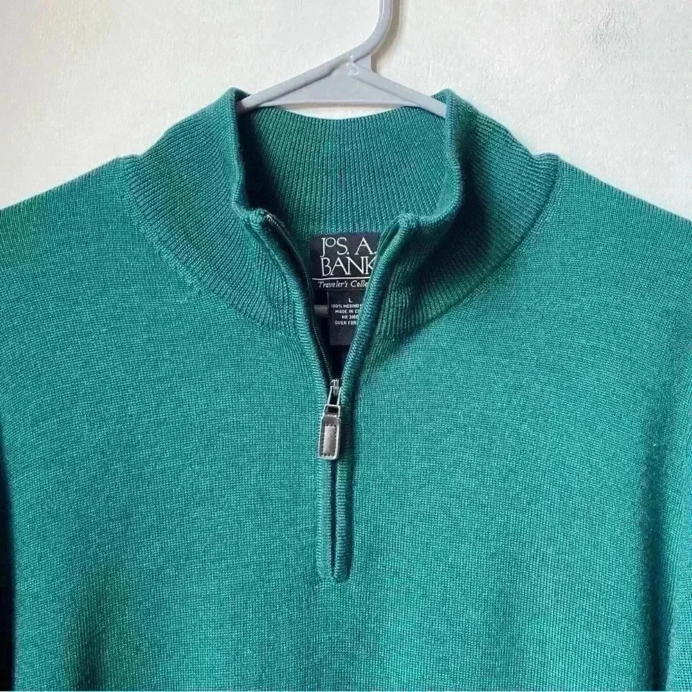 Men’s Jos. A. Bank Half-Zip Sweater - 100% Merino Wool, Large, Blue-Green